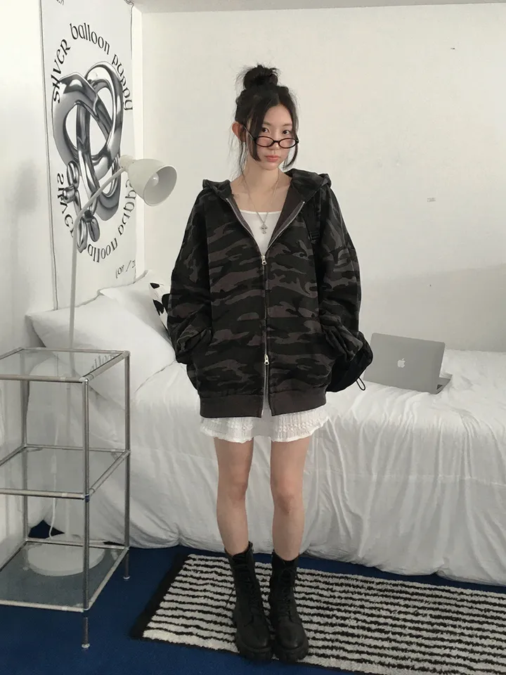 [핵오버핏🖤국내제작 *투웨이집업* 유니크 밀리터리 카모 오버핏 후드집업 남녀공용 커플템] 카모오버핏후드집업 상세 이미지 5