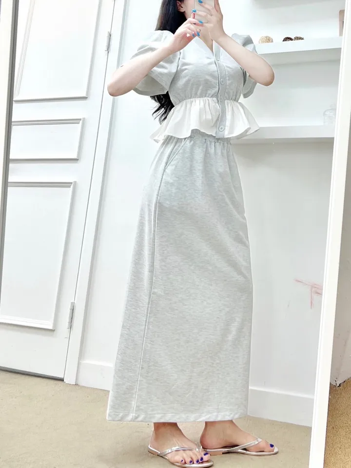 *세트가격+선주문터짐* 어깨패드O 핑키 프릴 퍼프 가디건 + 밴딩짱짱 뒷트임O 롱스커트 (2COLOR) 투피스 트레이닝세트 마실룩 장마룩 레이어드코디 휴양지룩 여행코디 상세 이미지 4