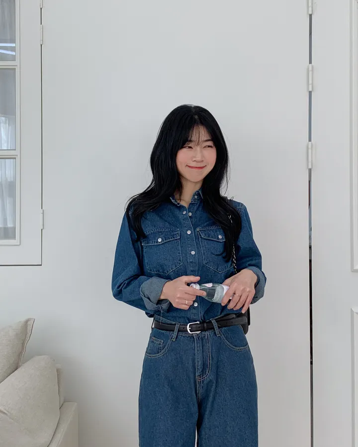 [하이퀄✨데님set] 2컬러/ 데님셔츠+와이드 데님팬츠 투피스 세트 /S.M.L 상세 이미지 4