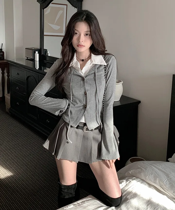 [반팔/긴팔❄일체형💗고퀄ver] 칠리 셔츠 가디건 일체형 레이어드 리본 슬림핏 긴팔 반팔 티셔츠 가디건 봄 겨울 가을 / 하객룩 출근룩 소개팅룩 데이트룩 클래식블랑 상세 이미지 20