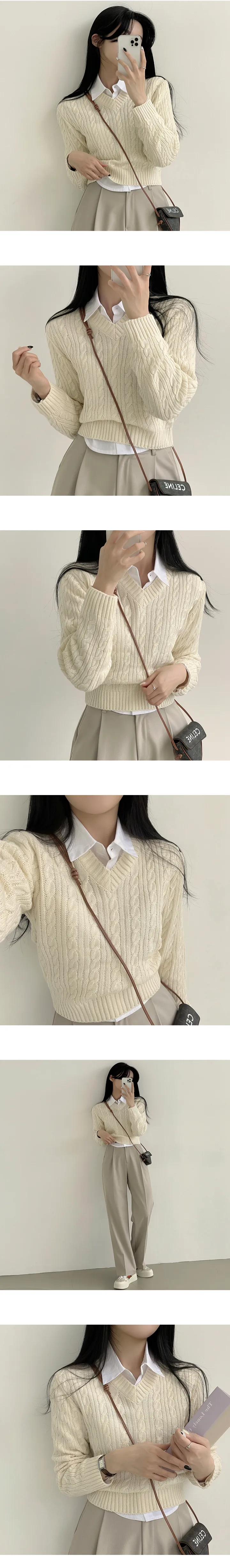 [여리여리~/파스텔톤] 날씬핏, 꽈배기 브이넥 크롭 긴팔니트 (5color) 상세 이미지 3