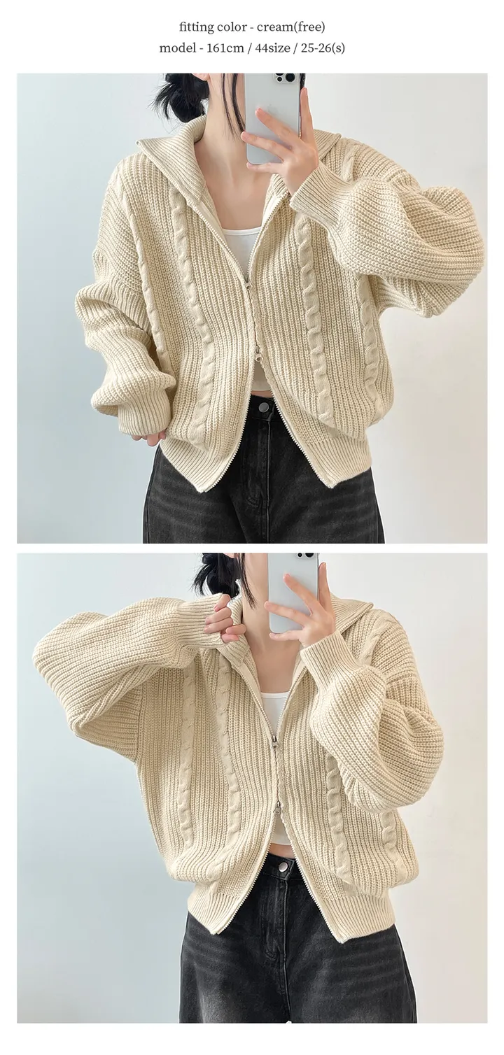 [도톰따뜻🧶아방핏]폭닥 투웨이 하이넥 루즈핏 꽈배기 니트 집업(5color) 상세 이미지 12
