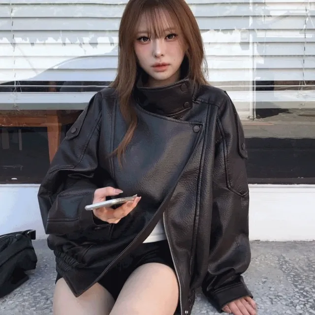 [fw기획아우터🖤/고급레더] 이세 오버핏 버클 하이넥 레더 자켓