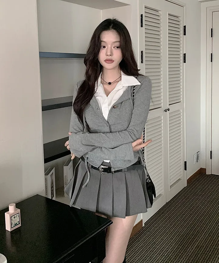 [반팔/긴팔❄일체형💗고퀄ver] 칠리 셔츠 가디건 일체형 레이어드 리본 슬림핏 긴팔 반팔 티셔츠 가디건 봄 겨울 가을 / 하객룩 출근룩 소개팅룩 데이트룩 클래식블랑 상세 이미지 24