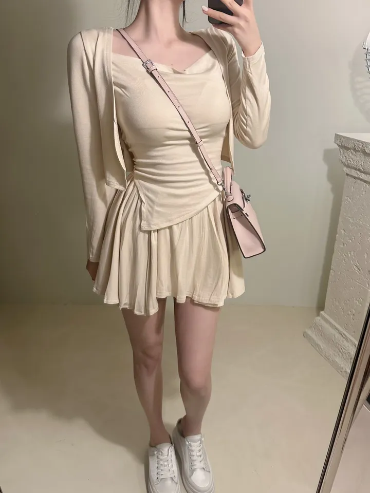 [3pcs]찰랑 드레이프 셔링 언발 나시+가디건+치마바지 세트 (쓰리피스 핏보장 플레어 스커트 치마 밴딩 글램핏 여리핏 바지안감 청순여리 코디세트 베이글 데이트룩) 상세 이미지 5