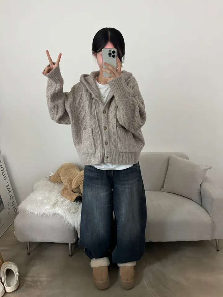 [따숩/폭닥] 알파카 겨울 케이블 후드 포켓 루즈핏 가디건 상세 이미지 20