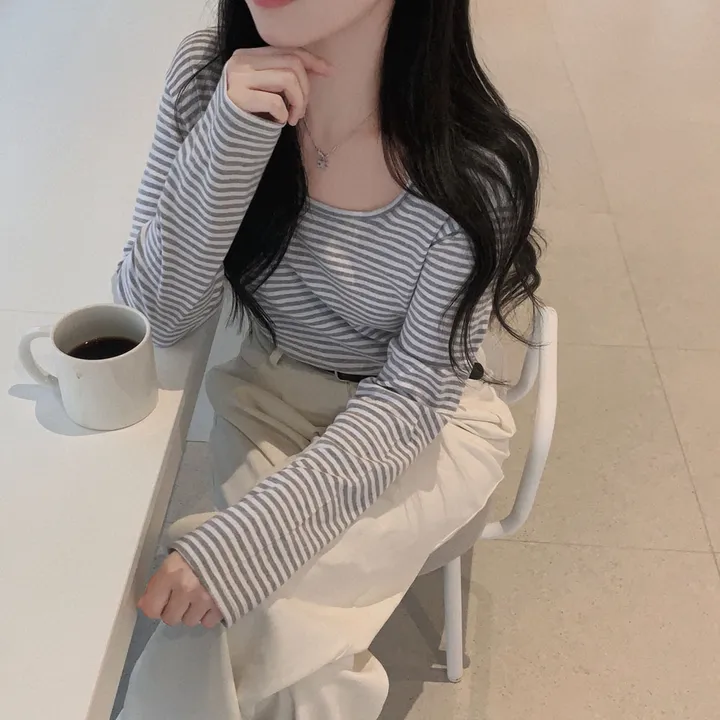 [팔말라핏🤍/단가라ver]팔뚝살 부각없는 3탄! 뉴페이스 단가라 스트라이프 스퀘어넥 루즈핏 긴팔티셔츠 상세 이미지 22