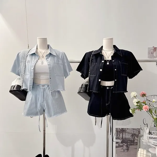 *최저가* [세트가격!/하객룩!] 드뷔 스티치 데님자켓 청자켓 데님셔츠 셔츠카라 버튼 포켓 반팔자켓 크롭자켓 스트링 밴딩 하이웨스트 와이드 반바지 숏팬츠 여름투피스 세트 데님세트 상세 이미지 38