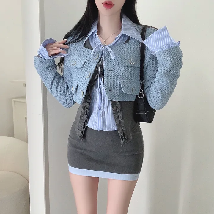 [3COLOR/셔츠일체형] 유닛 스트라이프 셔츠&프릴가디건 레이어드세트/버닝블루 상세 이미지 13