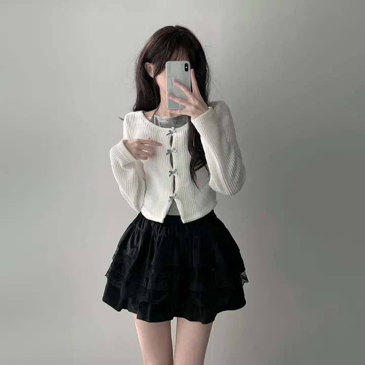 *봄가을ver추가* [코디세트/완전귀여운!] 뮤즈 보들 리본 트임 홀터넥 나시 레이어드 일체형 니트 + 슈아 밴딩 골지 레이스 캉캉 스커트 투피스 세트 상세 이미지 6