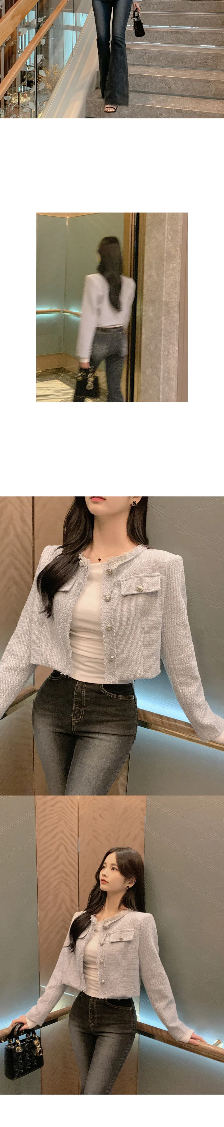 [갓성비❤️/화사한 봄 자켓으로 제격!] 매니아 노카라 컷팅 디테일 버튼 포켓 세미크롭 봄 트위드 자켓 상세 이미지 13