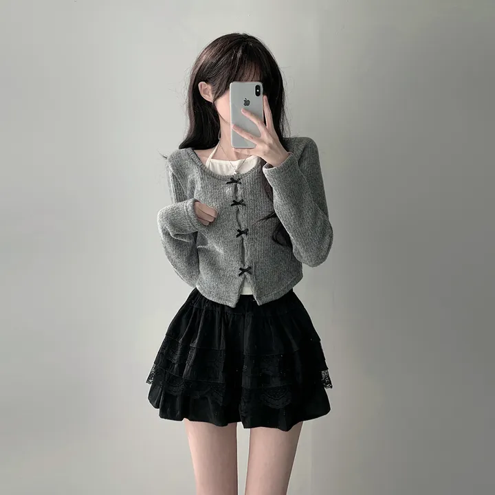 *봄가을ver추가* [코디세트/완전귀여운!] 뮤즈 보들 리본 트임 홀터넥 나시 레이어드 일체형 니트 + 슈아 밴딩 골지 레이스 캉캉 스커트 투피스 세트 상세 이미지 8