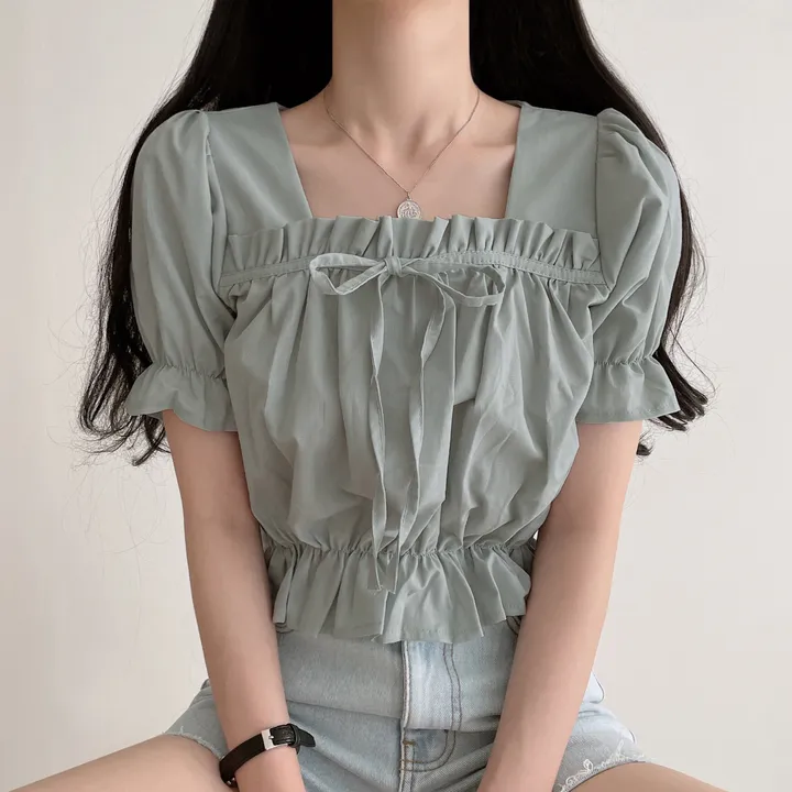 (4color) 여름기분 리본 퍼프스타일 반팔 블라우스 상세 이미지 7