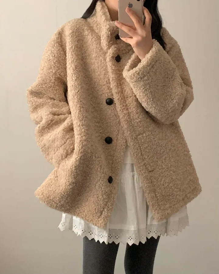 [저렴이X/기획] 테디베어 양털 뽀글이 오버핏 퍼자켓 하프 코트(4 colors) 상세 이미지 6
