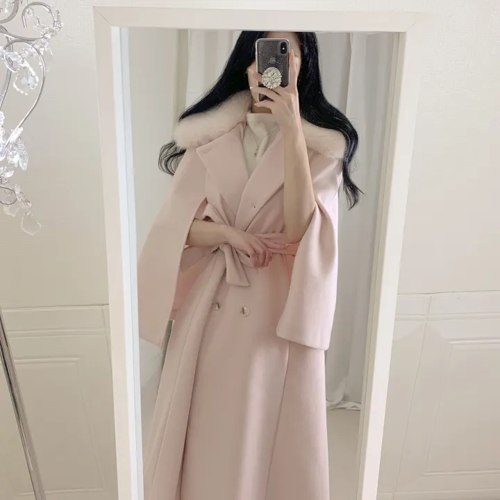 [롱케이프코트💗/고퀄보장✨] 롱VER. 알콩 울 캐시미어 폭스퍼 페이크퍼 밍크퍼 누빔안감 케이프 벨트 버튼 고급 우아 롱 판쵸 코트 망토 자켓 (4color) 연말룩 크리스마스 상세 이미지 11