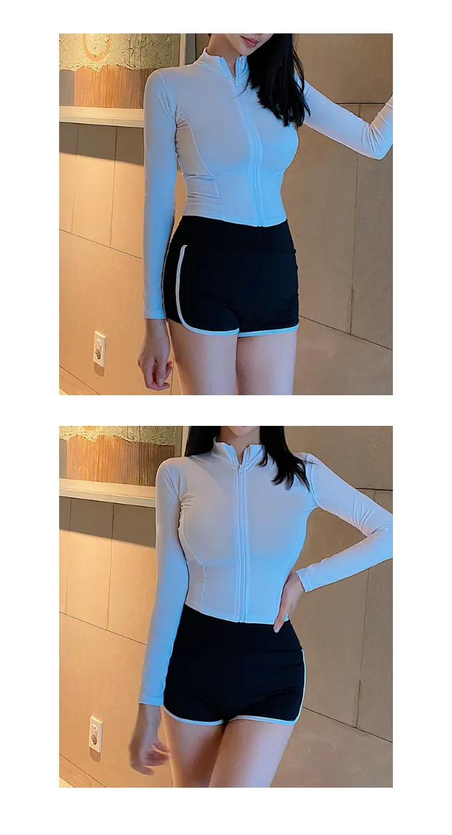 [주문폭주] 플레인 실내 비치웨어 스윔웨어 집업 긴팔 래쉬가드 수영복(아이보리/블랙) 상세 이미지 6