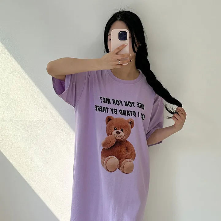 [국내/부드러운] 베어🐻 프린팅 반팔 롱 원피스 - 4color 상세 이미지 22