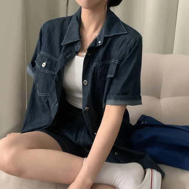 [세트가격/2사이즈!] 포토그래퍼 데님 오버핏 반팔셔츠+반바지 셋업,투피스 상세 이미지 3