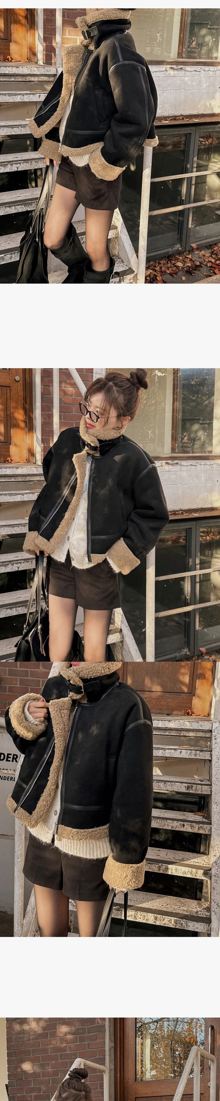 [겨울아우터❄️/무스탕🐻/스웨이드자켓] 치비타 하이넥 버클 지퍼 포켓 레더포인트 양털배색 스웨이드 크롭 무스탕 상세 이미지 16
