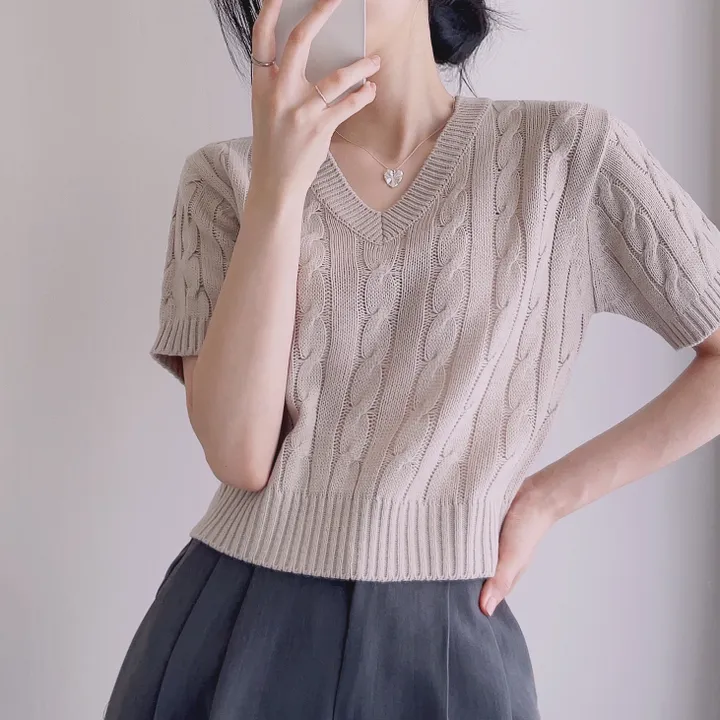 (6color/최저가 보장!) 실물보장! 색감에 반한, 마카롱 꽈배기 브이넥 크롭 반팔 니트 상세 이미지 13