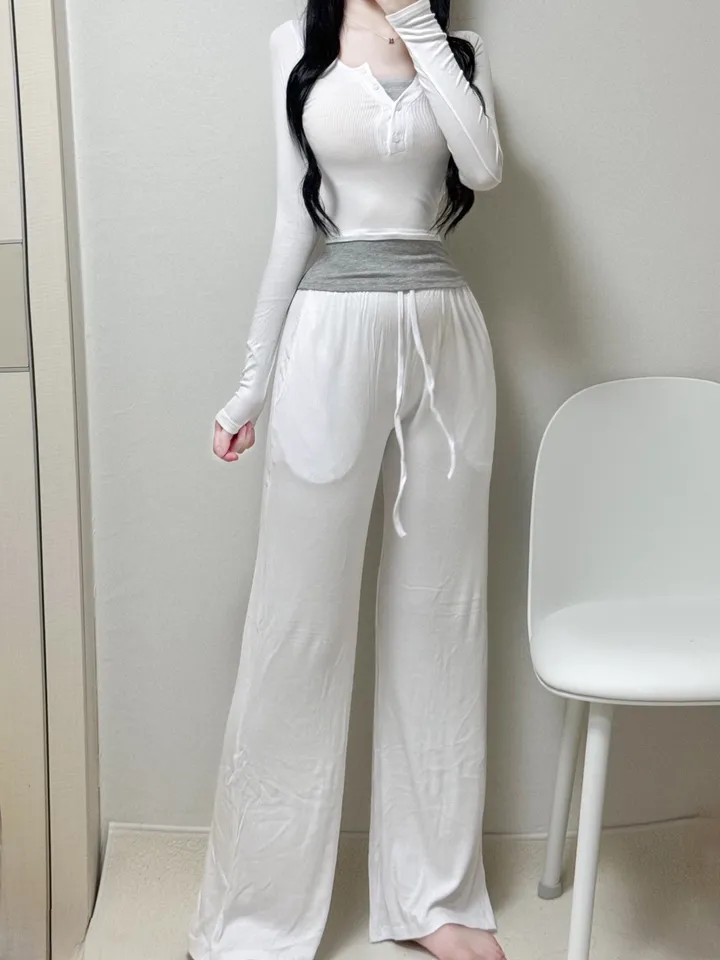 [*1200세트돌파/번따룩*] 반팔 긴팔 기모 버전추가 쫀쫀 스판 딱붙 잔골지 레이어드 또또 단추 크롭 레이어드 배색 긴팔티+하이웨스트 슬림 와이드팬츠 세트 꾸안꾸 데일리 허리잘록 상세 이미지 5
