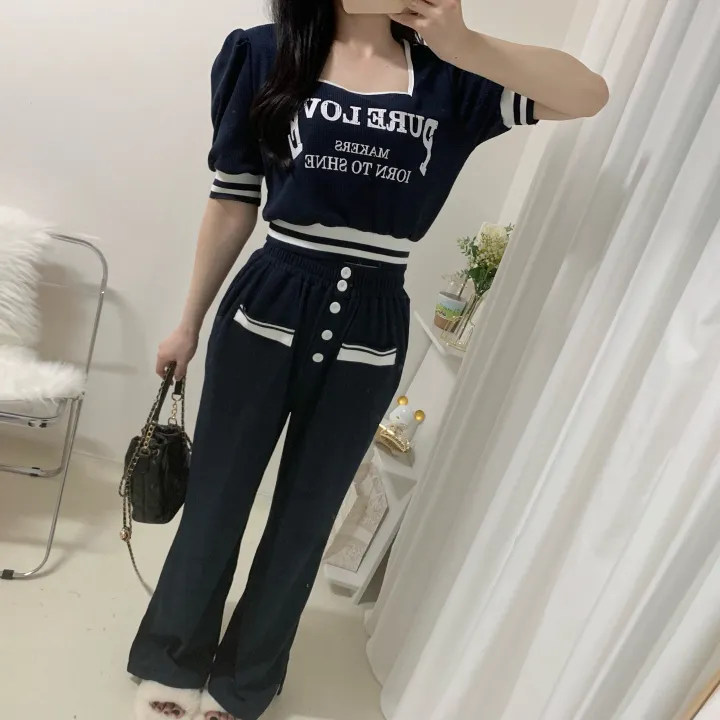 🚀당일발송🚀[세트가격/핏예술-!] 페니 배색 스퀘어넥 레터링 퍼프 시보리 반팔 + 밴딩 버튼 롱 와이드 팬츠 투피스 세트 2color 상세 이미지 10