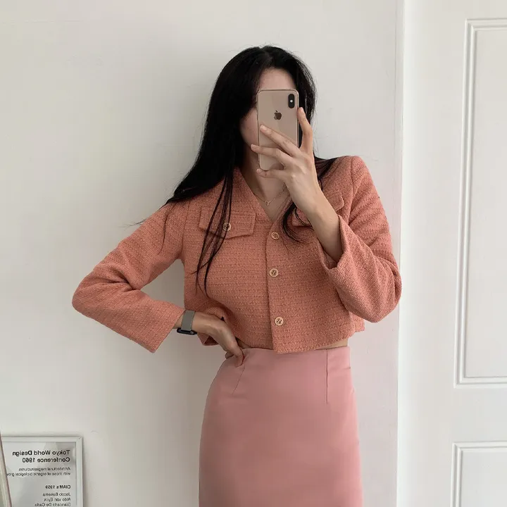 [부분 당일배송🎀1000장돌파!! 리뷰극찬🔥컬러추가!] 트위드 세미 크롭 자켓 노카라 간절기 하객룩 숏자켓 핑크 아이보리 블랙 네이비 - 5colors 상세 이미지 33