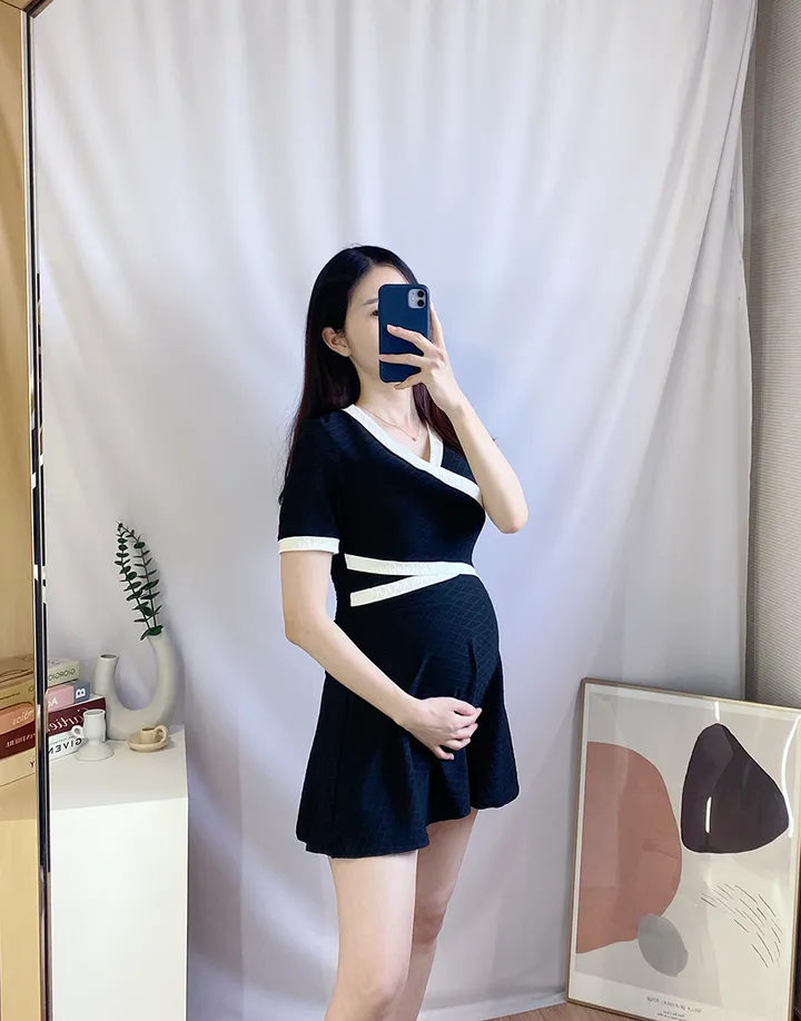 [속바지세트/3size] 클래식 배색 랩 원피스 수영복 반팔 빅사이즈 모노키니 만삭 임산부 태교여행 임부복 상세 이미지 6