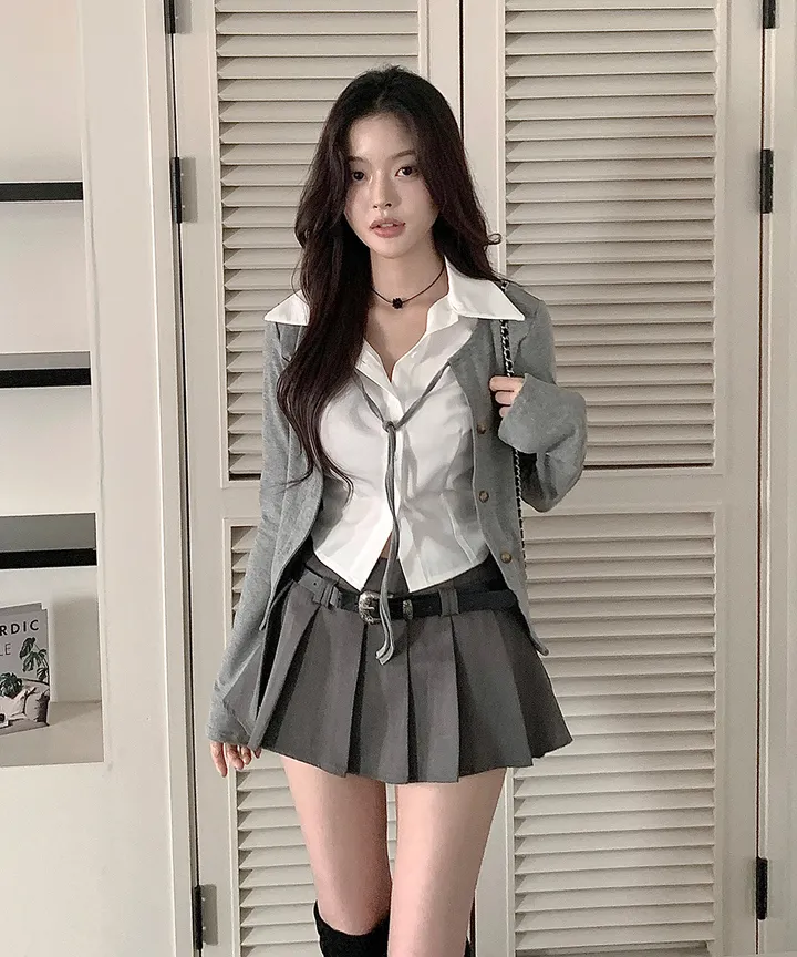 [반팔/긴팔❄일체형💗고퀄ver] 칠리 셔츠 가디건 일체형 레이어드 리본 슬림핏 긴팔 반팔 티셔츠 가디건 봄 겨울 가을 / 하객룩 출근룩 소개팅룩 데이트룩 클래식블랑 상세 이미지 16