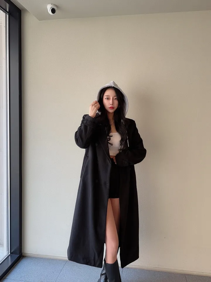 [패드내장/일체형/맥시롱기장감] 루즈핏 울 모직 후드 레이어드 롱 뒷트임 코트 1COLOR 상세 이미지 11