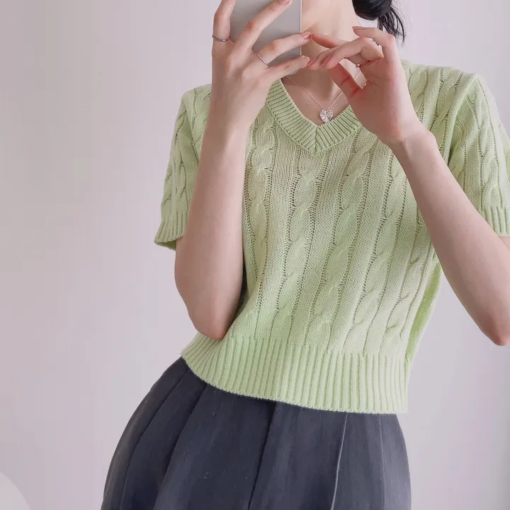 (6color/최저가 보장!) 실물보장! 색감에 반한, 마카롱 꽈배기 브이넥 크롭 반팔 니트 상세 이미지 30