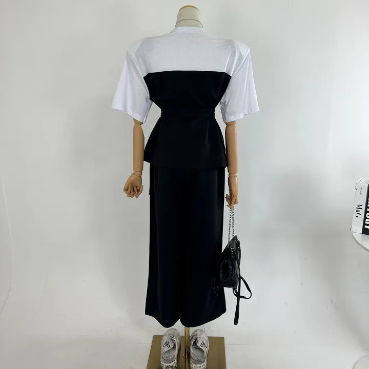 벨트포함[고퀄/패드내장/세트가격/하객룩/오피스룩/격식룩/추천] 루즈핏 언발 레이어드 셔츠 반팔 블라우스 패드 벨트 티셔츠+하이 밴딩 롱 슬랙스 와이드팬츠 셋업 SET(2COLOR) 상세 이미지 18
