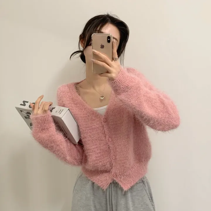 [7 color] 웨더 브이넥 퍼 가디건 / 솔잎퍼 간절기 봄 가디건 앙고라 여리핏 벚꽃 수학여행 시크 로맨틱룩 데이트룩 상세 이미지 5