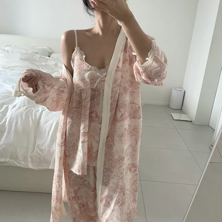 [당일출고]캡내장 파스텔 상의+긴바지+로브가디건 3pcs 잠옷 홈웨어 세트(2color) 상세 이미지 4