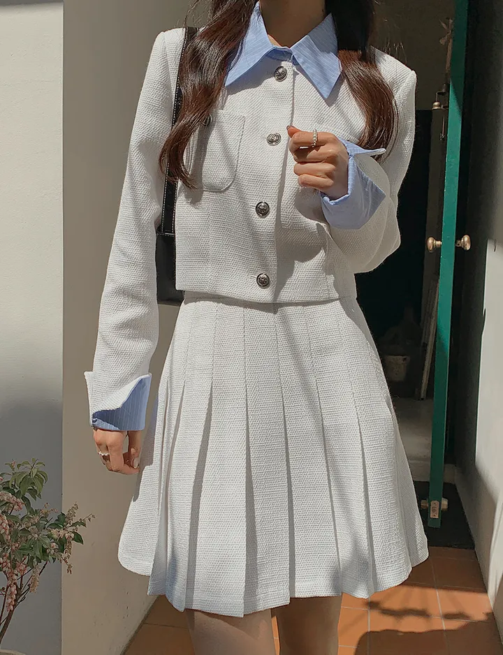 [44-120] [1천장 돌파✨] 루미네르 트위드 배색 카라넥 뒷밴딩 플리츠 투피스 세트 상세 이미지 40