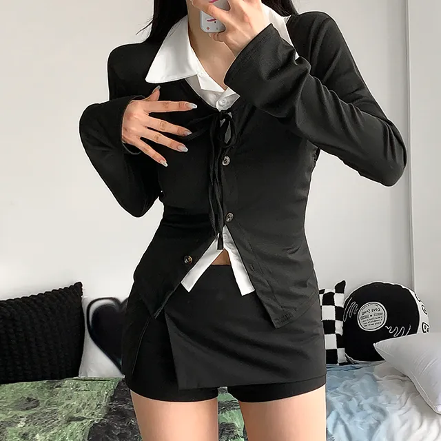 [일체형/모던룩/2col] 신디 일체형 슬림핏 레이어드 셔츠 가디건 / 카라넥 / 리본가디건 / 레이어드티셔츠 / 페이크셔츠 / 긱시크 / 브이넥 / 셔츠니트 / 코디완성 / 강추 상세 이미지 12