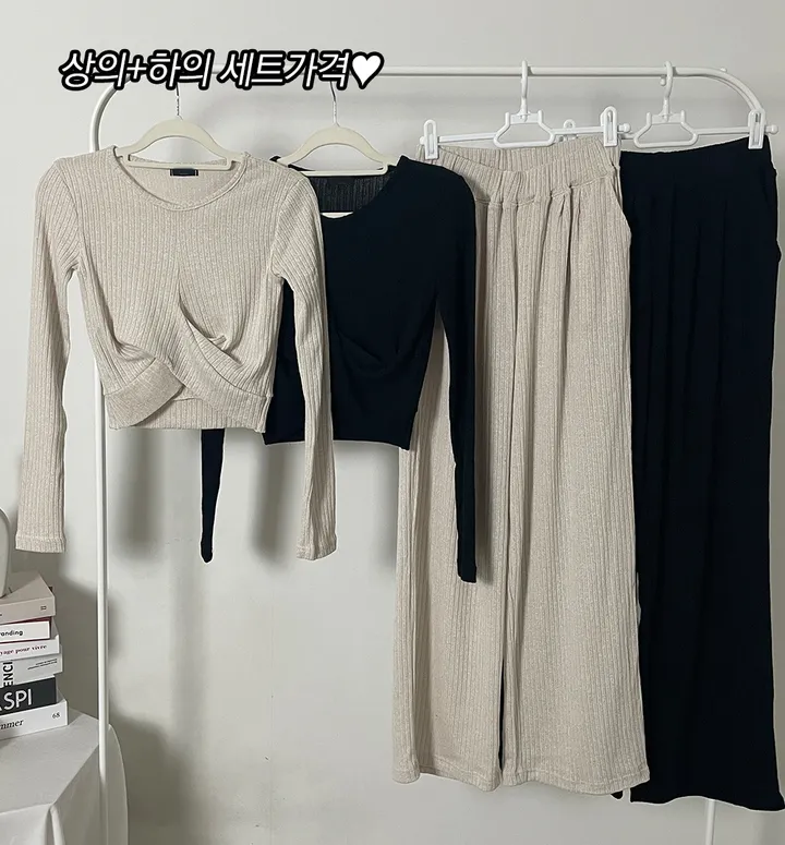 (*세트가격!!/스판짱*) 꼬임 골지 니트 랩 긴팔 슬림 크롭 티 와이드 일자 팬츠 밴딩 바지 꾸안꾸 셋업 투피스 상세 이미지 4
