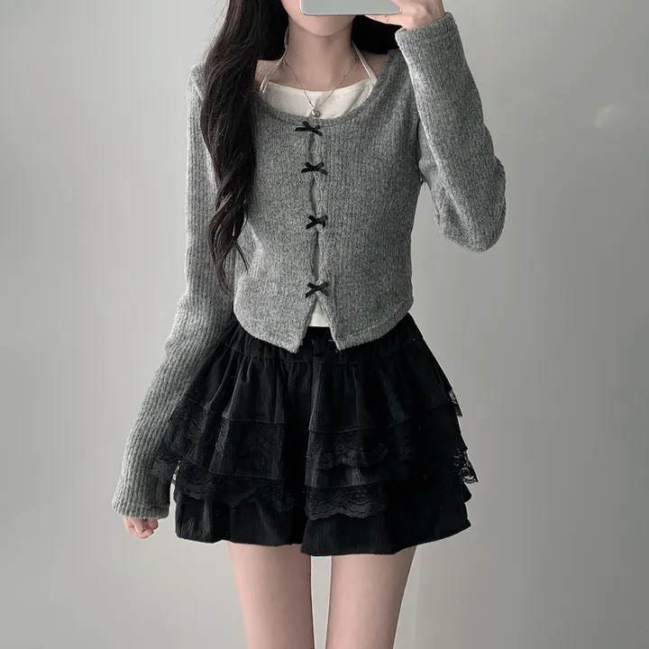 *봄가을ver추가* [코디세트/완전귀여운!] 뮤즈 보들 리본 트임 홀터넥 나시 레이어드 일체형 니트 + 슈아 밴딩 골지 레이스 캉캉 스커트 투피스 세트 상세 이미지 11