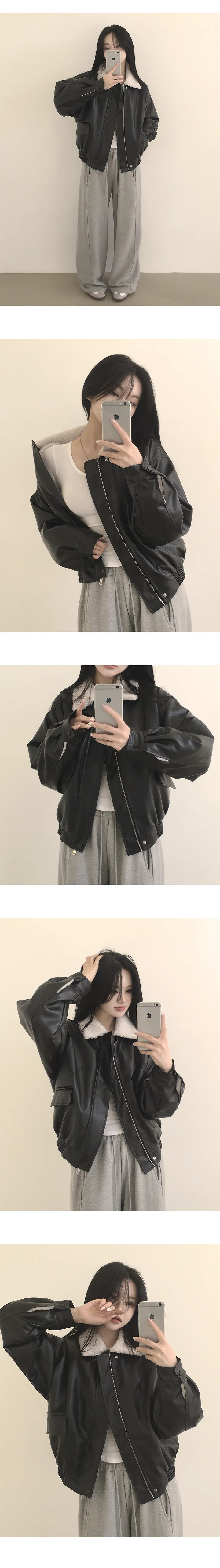 [전체양털안감🔥/한겨울까지~] 군더더기 없이 깔끔한, 양털 카라 레더 오버핏 무스탕 점퍼 (2color) 상세 이미지 7