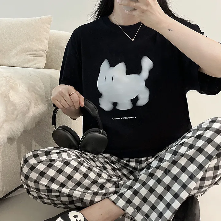 🖤[당일출고/남녀공용]🖤 고양이 캣 빅사이즈 박시핏 루즈핏 오버핏 박시티 반팔 티 티셔츠 여름 면티 커플티 커플룩 커플 커플잠옷 순면 잠옷 파자마 상하세트 체크바지 프리미엄 무 상세 이미지 12