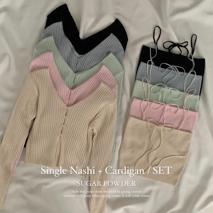 [선택가능/국내*.*] 청순한 무드, 골지 크롭 니트가디건+홀터 끈나시 셋업 - 5color 상세 이미지 1