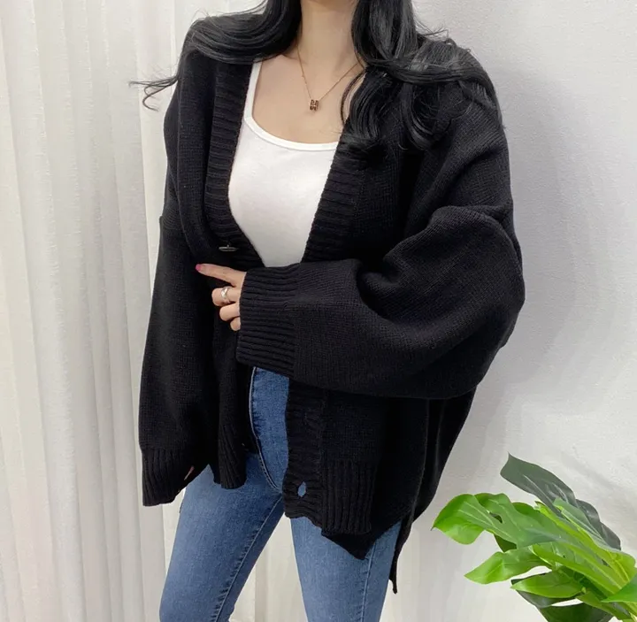 🚀당일발송-레드/블랙🚀[고퀄/데일리룩] 봄🌸 가을 디얼 터크 언발 오버핏 니트 가디건 상세 이미지 48