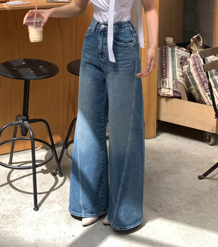 [개말라핏✨/~3XL/최저가] 사선 와이드 데님 일자청바지 하이웨스트 데님 체형커버 청바지-2col 상세 이미지 7