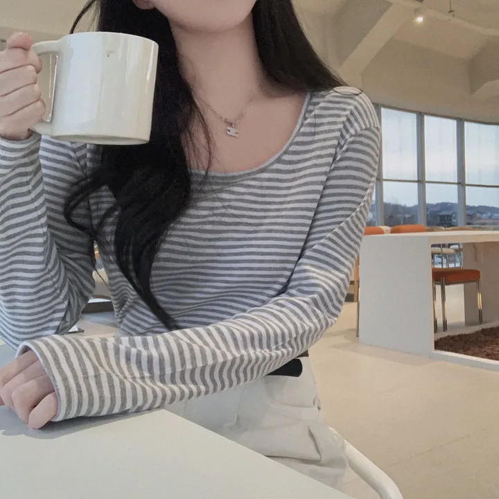 [팔말라핏🤍/단가라ver]팔뚝살 부각없는 3탄! 뉴페이스 단가라 스트라이프 스퀘어넥 루즈핏 긴팔티셔츠 상세 이미지 19