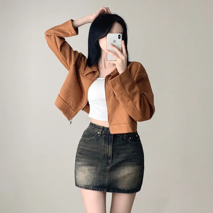 [갓성비템/보들원단!] 메드 카라 스웨이드 절개 긴팔 숏 크롭 자켓 점퍼 상세 이미지 6