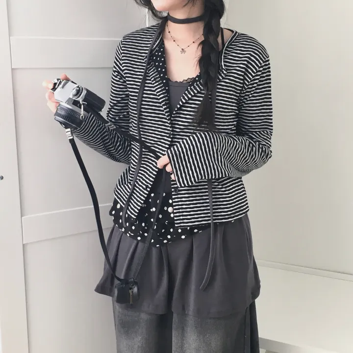 [반전 도트안감🖤/뒷태패치 포인트!!] 빈티지 감성 낭낭🪽 도트안감 패치 단가라 스트라이프 긴팔 가디건 엔젤코어 상세 이미지 9