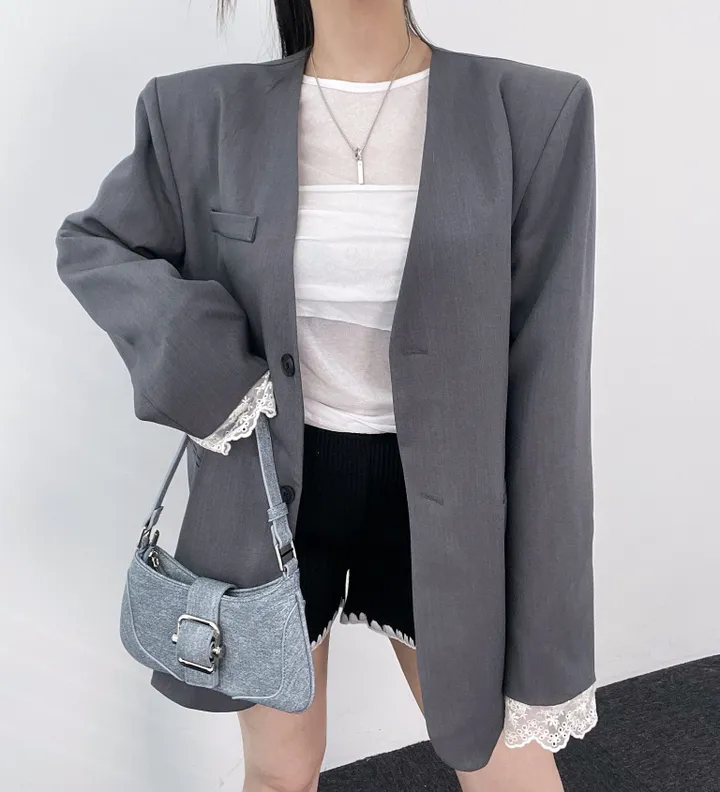 *핏대박레이스자켓* 봄옷 자켓 오버핏 레이어드 레이스 노카라 자켓 박시핏 봄아우터 봄자켓 레이스자켓 상세 이미지 41