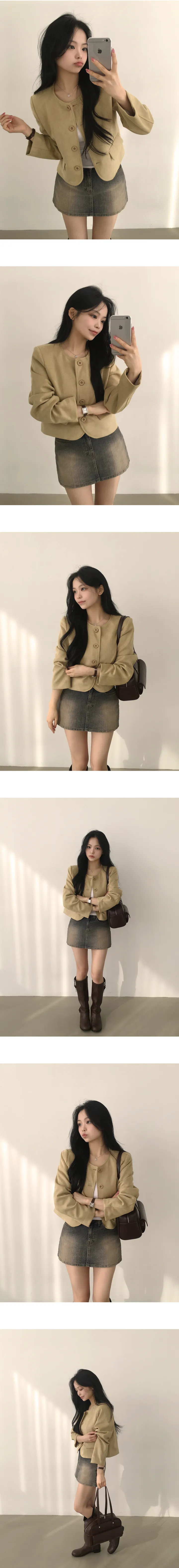 [데이트룩/페미닌무드] 부드러운, 노카라 버튼 포켓 스웨이드 크롭 숏자켓 (2color) 상세 이미지 4