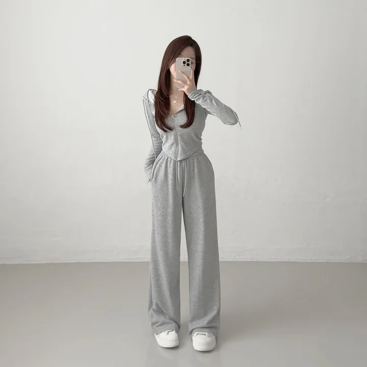 [고퀄/부드러워요] Y존 부각없는, 옆트임 밑단 브이 컷팅 크롭 후드집업 + 하이웨스트 밴딩 와이드팬츠 트레이닝 세트 허리잘록 봄가을 투피스 츄리닝 상하의 셋업 (3color) 상세 이미지 19