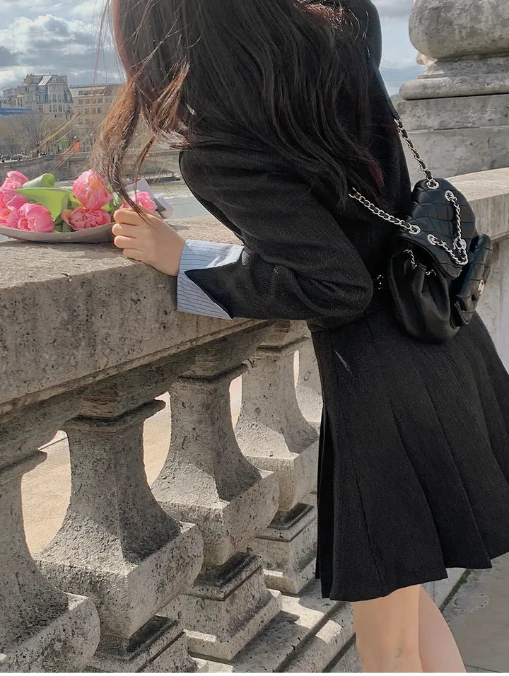 [44-120] [1천장 돌파✨] 루미네르 트위드 배색 카라넥 뒷밴딩 플리츠 투피스 세트 상세 이미지 16